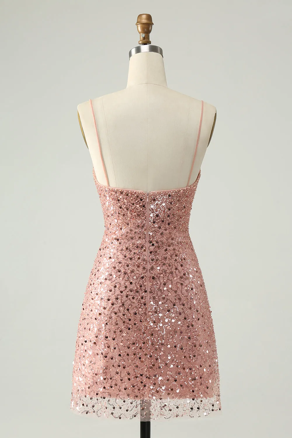 Sparkly Blush Spaghetti Straps Paillettes A Line Abito corto Homecoming