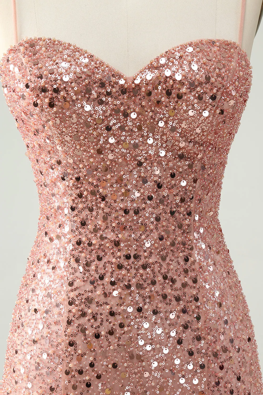 Sparkly Blush Spaghetti Straps Paillettes A Line Abito corto Homecoming