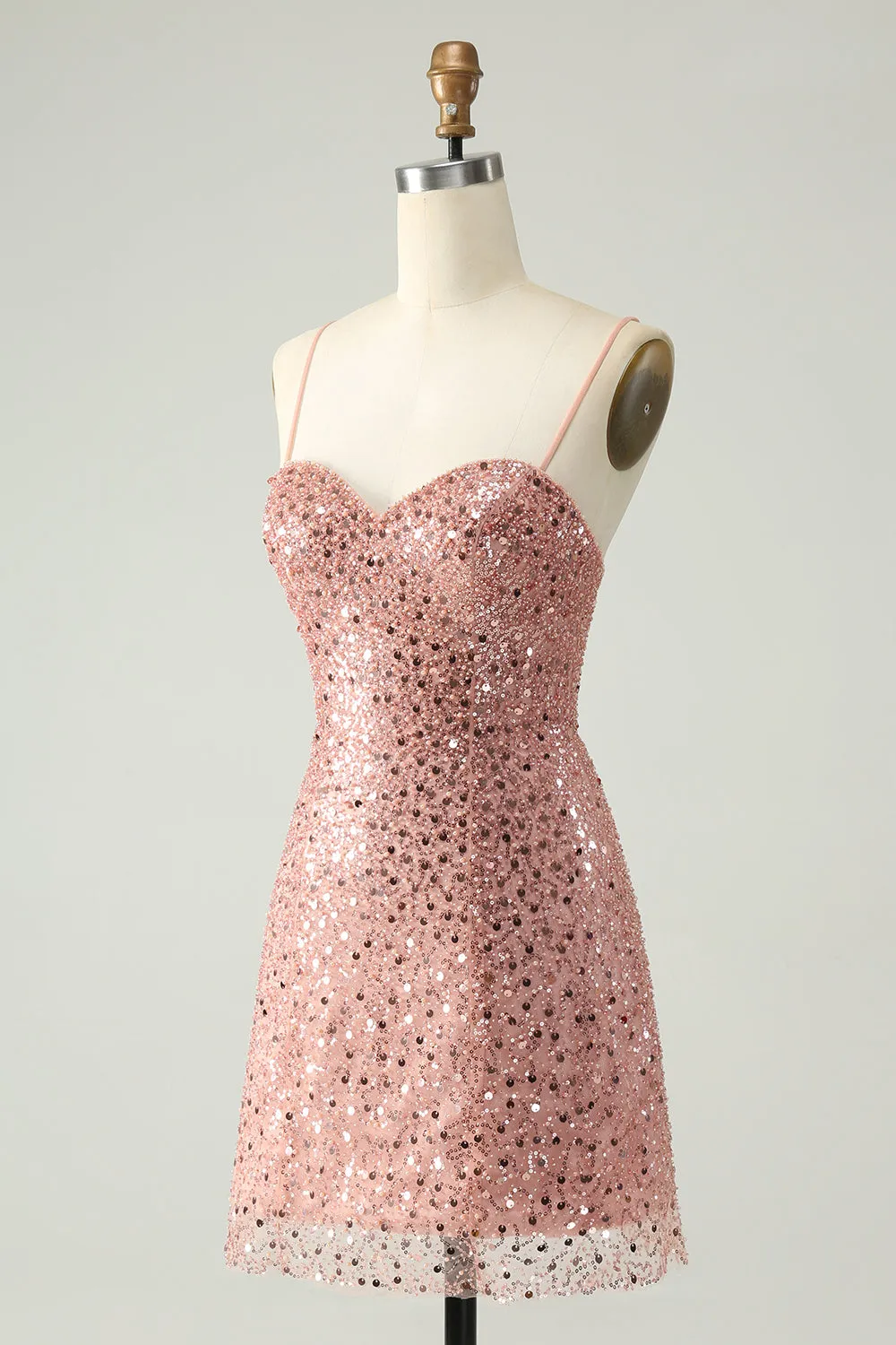 Sparkly Blush Spaghetti Straps Paillettes A Line Abito corto Homecoming