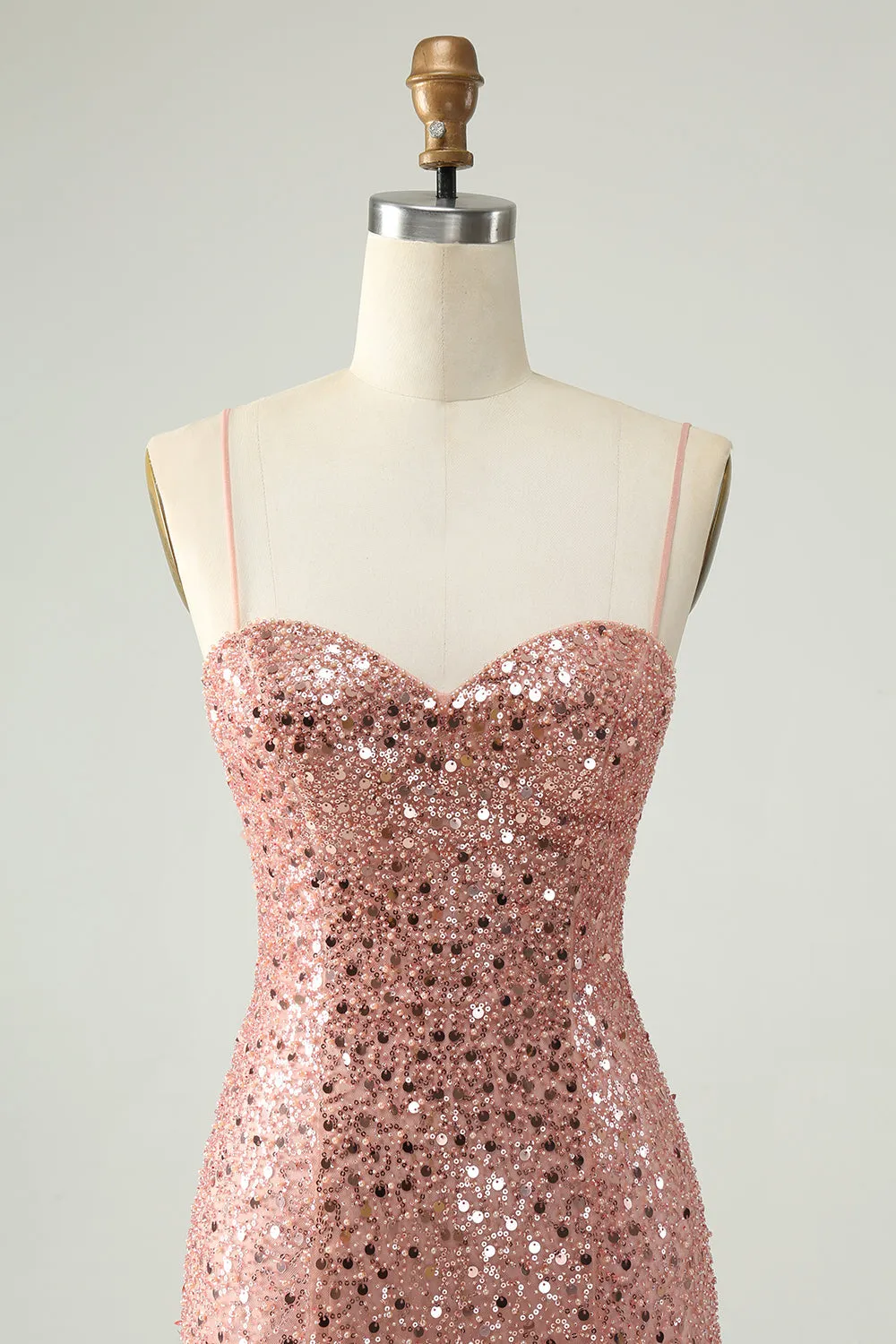 Sparkly Blush Spaghetti Straps Paillettes A Line Abito corto Homecoming
