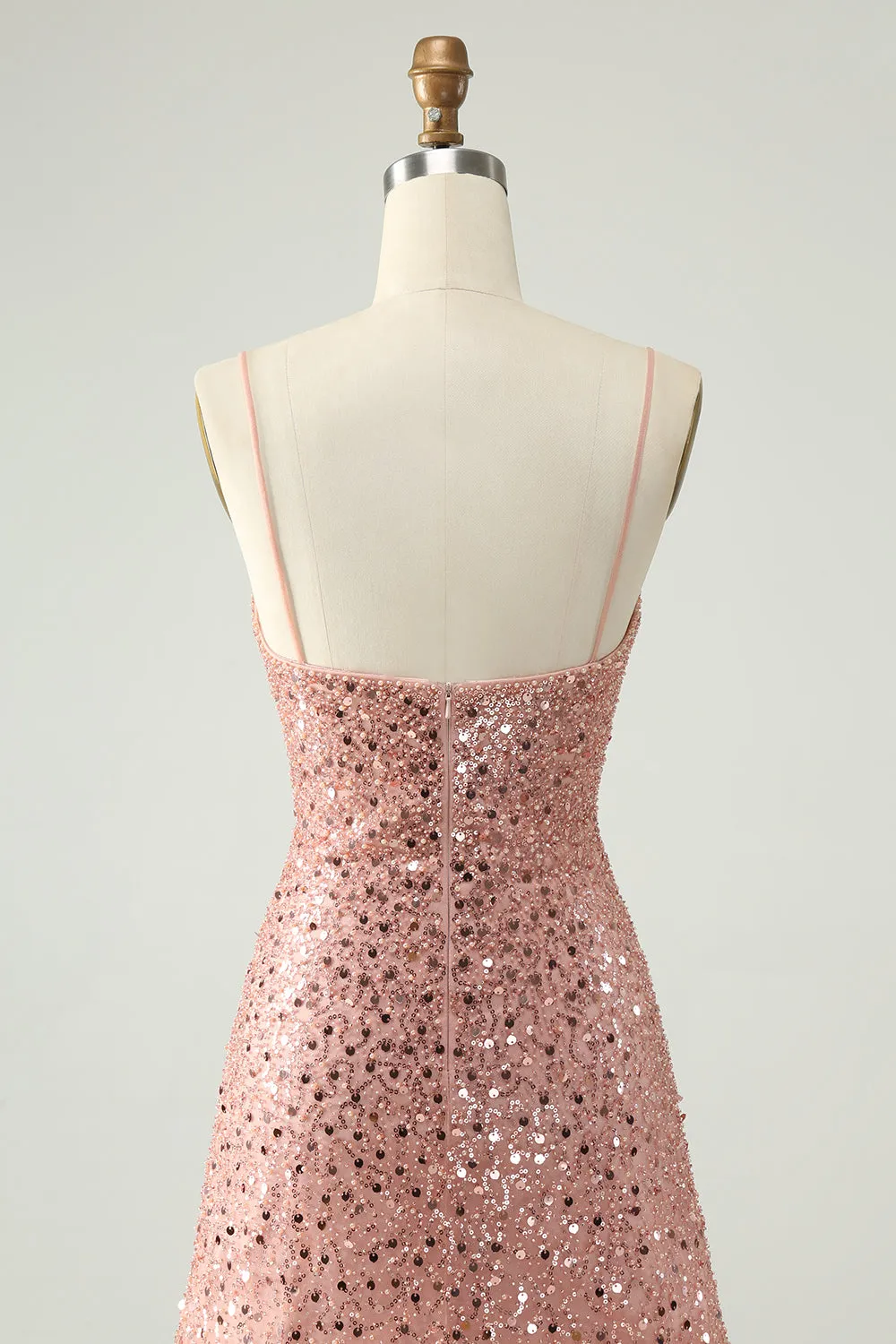 Sparkly Blush Spaghetti Straps Paillettes A Line Abito corto Homecoming