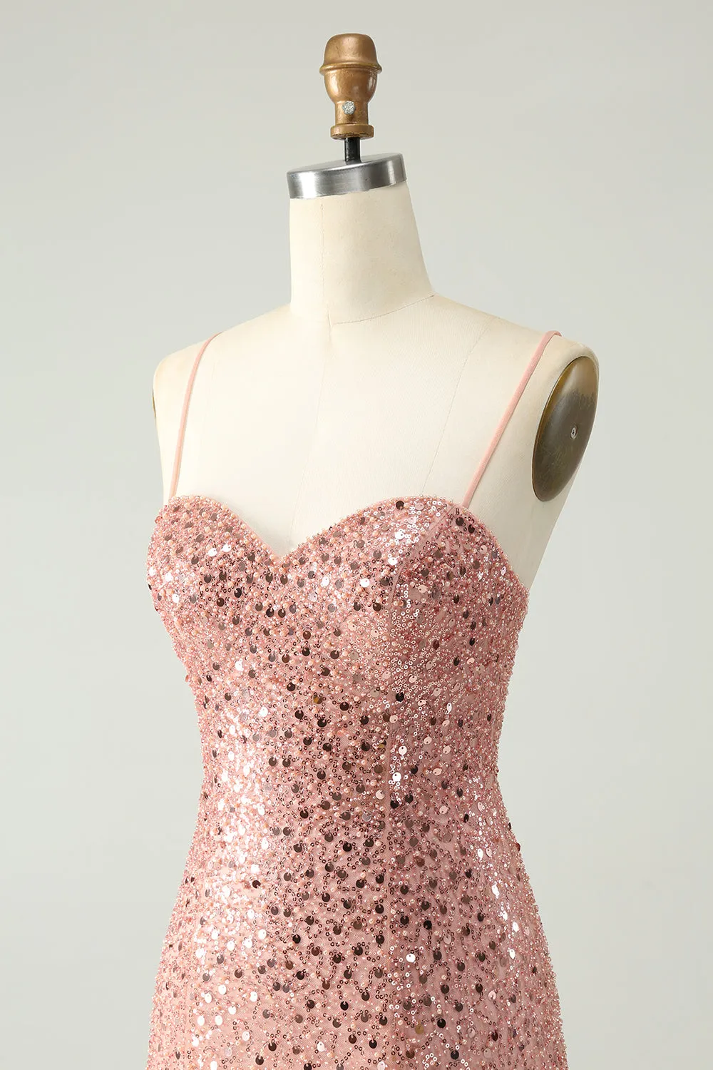 Sparkly Blush Spaghetti Straps Paillettes A Line Abito corto Homecoming