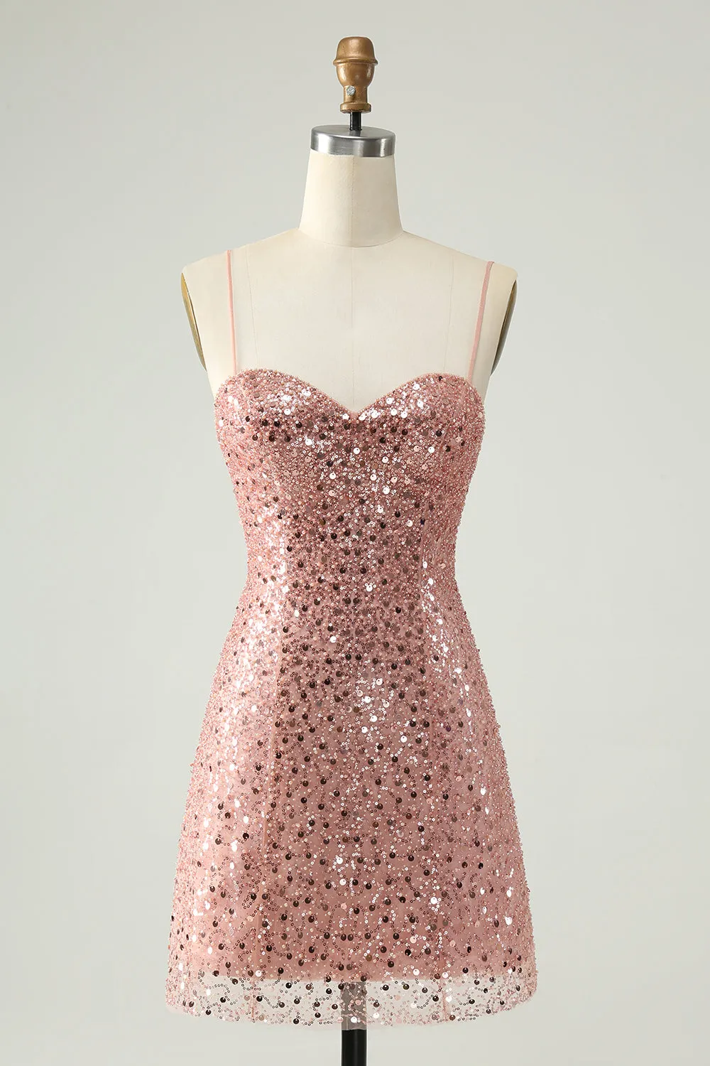 Sparkly Blush Spaghetti Straps Paillettes A Line Abito corto Homecoming