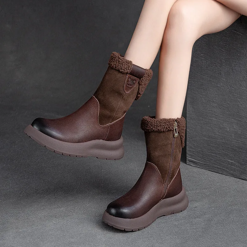 Stivali da neve con pelo in pelle patchwork retrò da donna