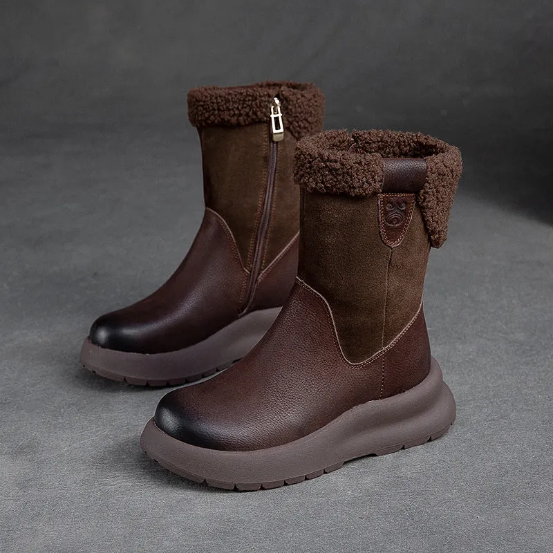 Stivali da neve con pelo in pelle patchwork retrò da donna