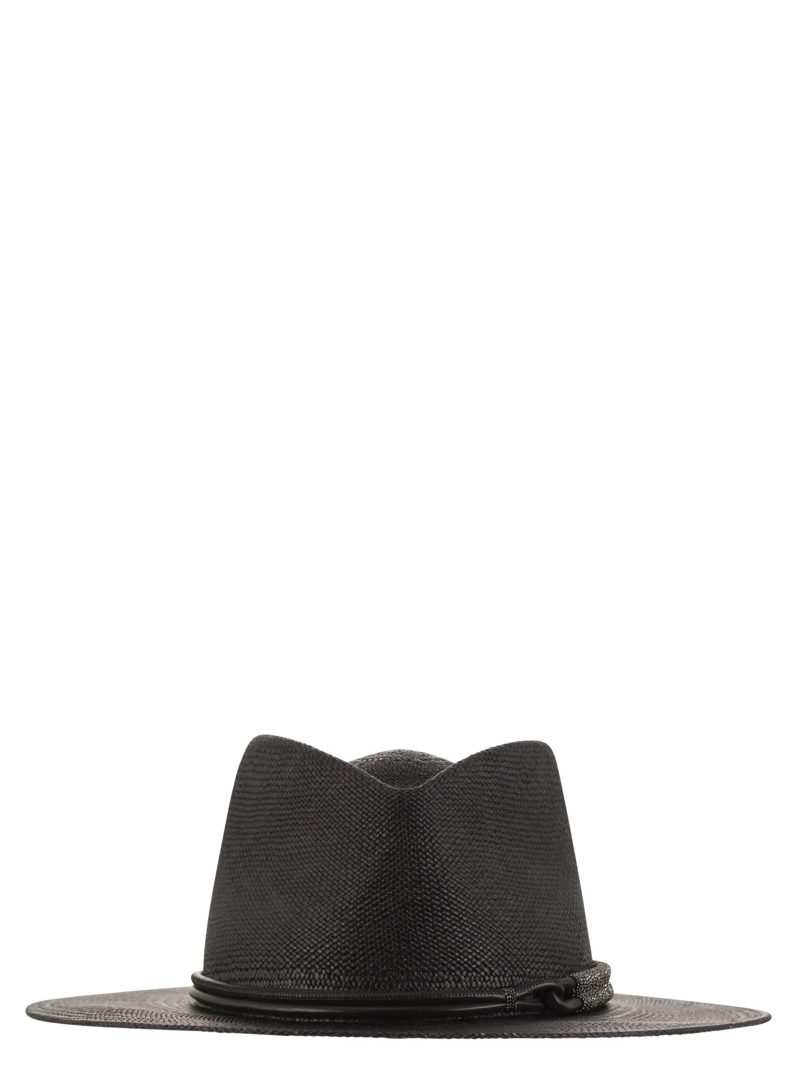 Straw fedora with leather band and necklace