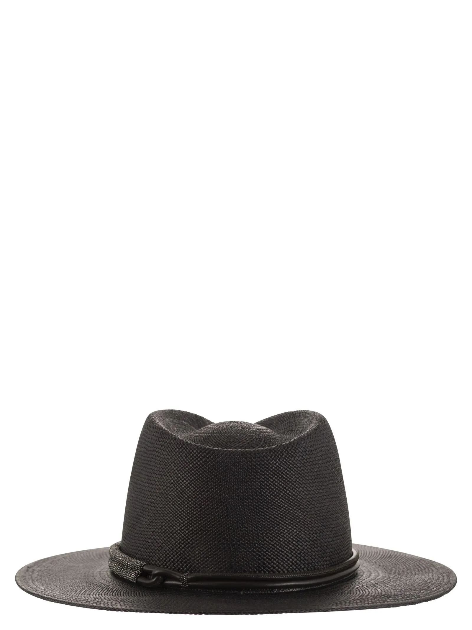 Straw fedora with leather band and necklace