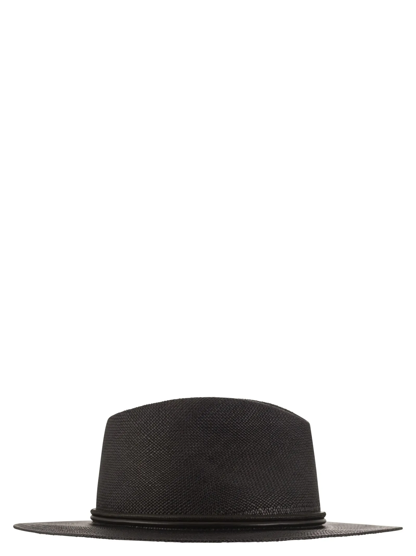 Straw fedora with leather band and necklace