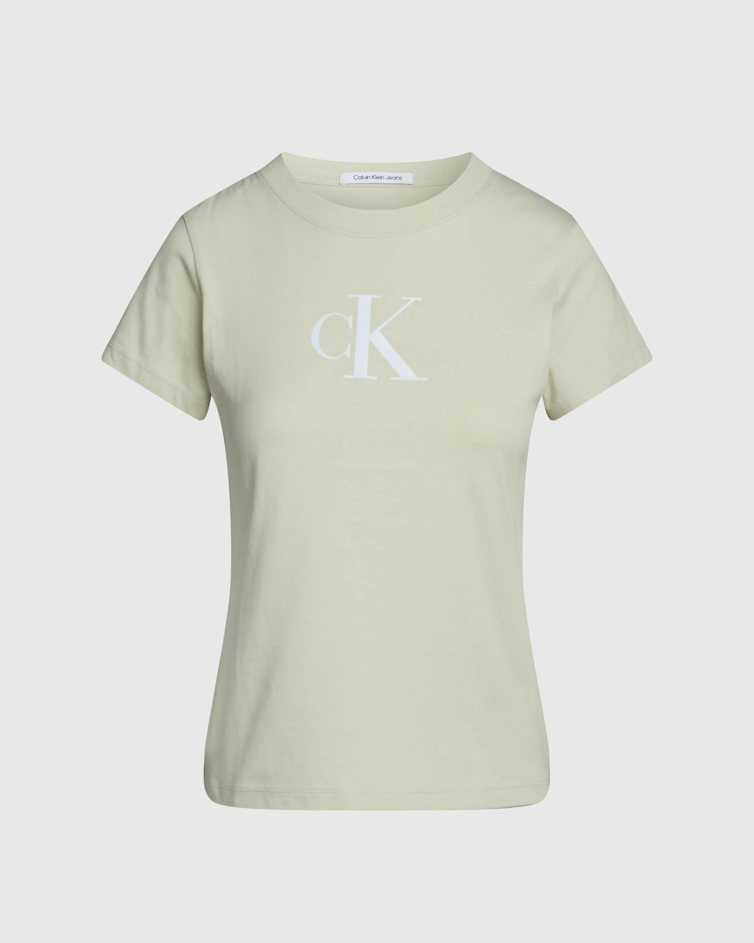T-shirt giallo chiaro in cotone rigenerato con scritta logo bianca effetto satin stampata sul petto