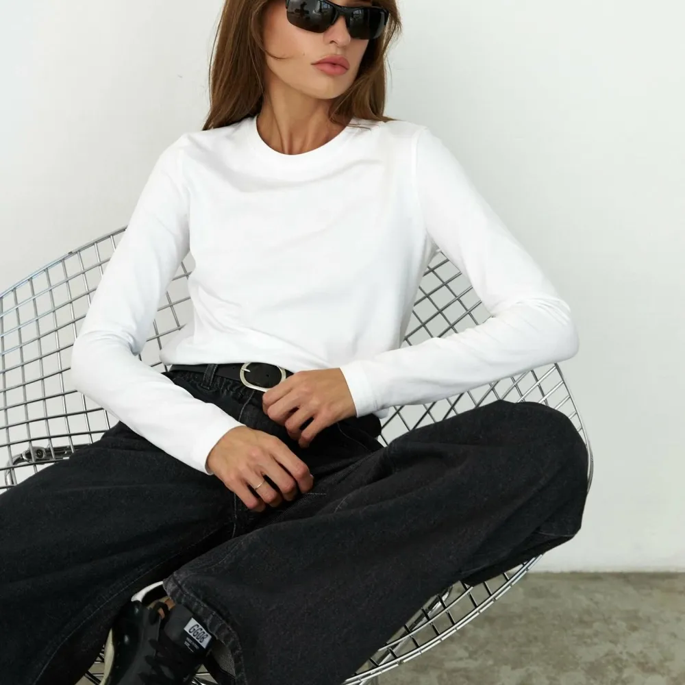 T-shirt in puro cotone Europa e America 2024 Primavera Nuove donne Moda Resto Versatile Pendolarismo Pullover Girocollo Lon