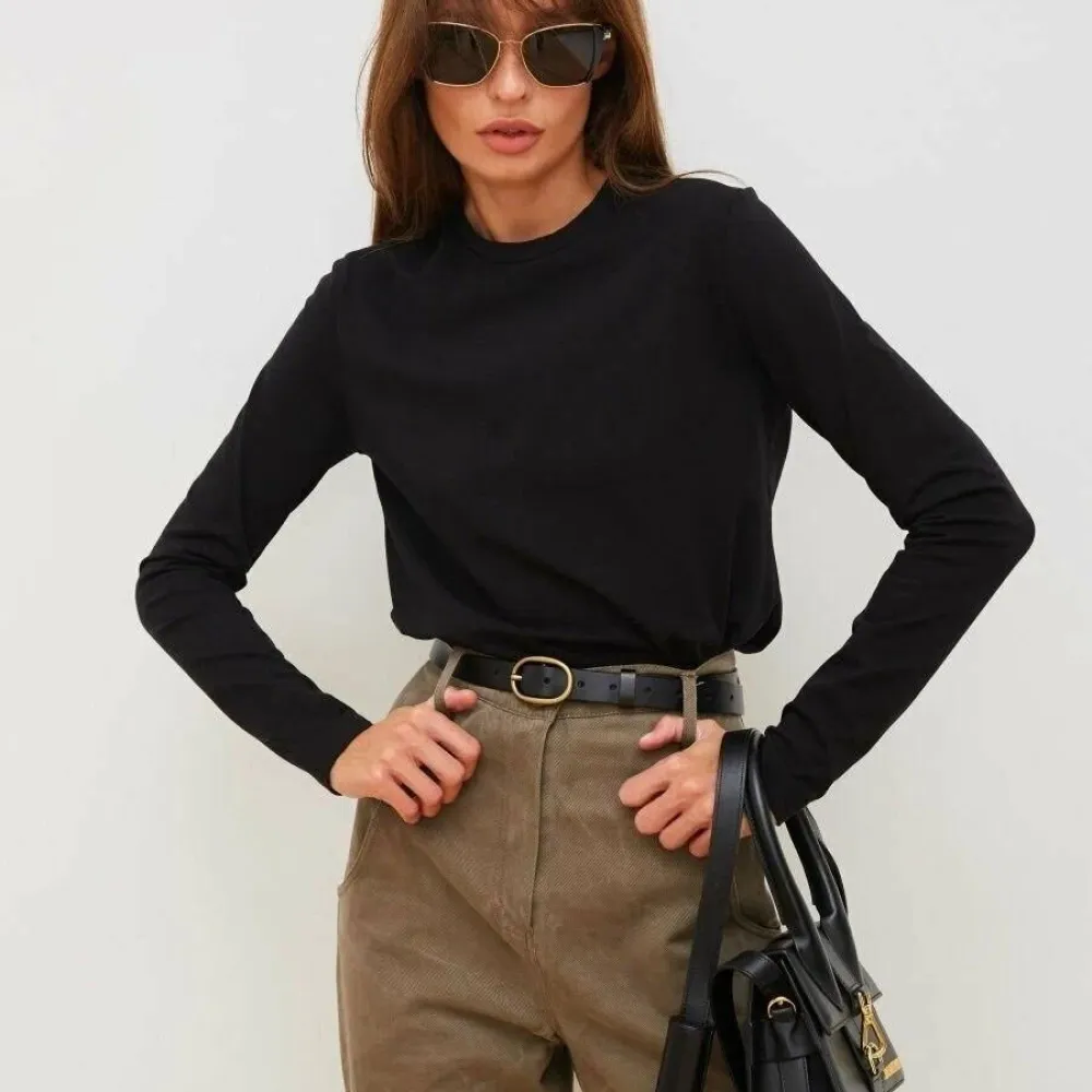 T-shirt in puro cotone Europa e America 2024 Primavera Nuove donne Moda Resto Versatile Pendolarismo Pullover Girocollo Lon