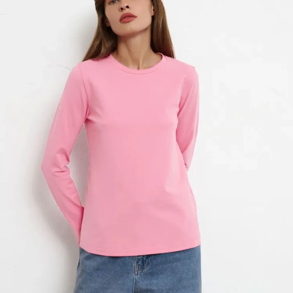 T-shirt in puro cotone Europa e America 2024 Primavera Nuove donne Moda Resto Versatile Pendolarismo Pullover Girocollo Lon