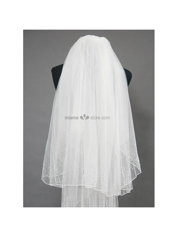 Velo Sposa Economico Online Corto Doppio Strato con Calata in Tulle e Perline