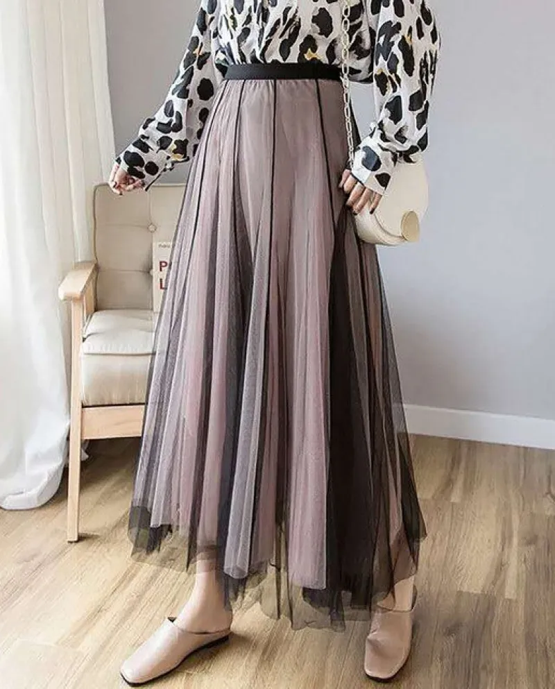 Womens Fashion High Waist Mid Length Pleated A Line Skirt Skirt Elastic Waist Versatile Autumn And Winter Skirt Metalli